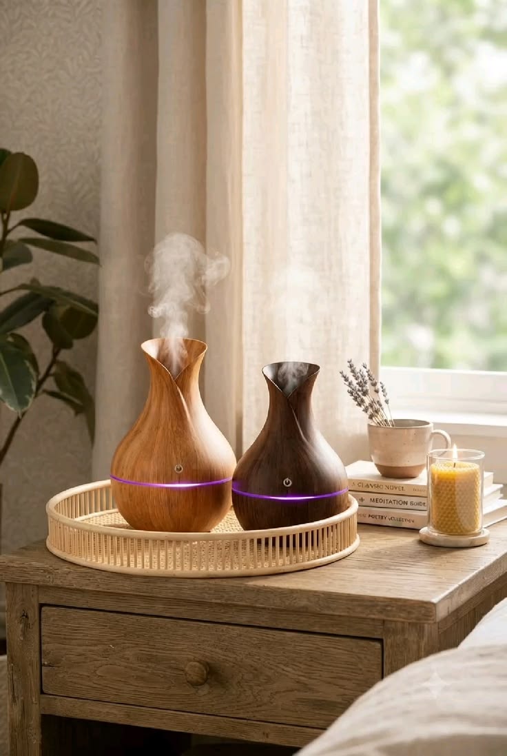Wooden Aroma Diffuser – Mini USB Humidifier with LED Light, Mist Maker & Aromatherapy Function