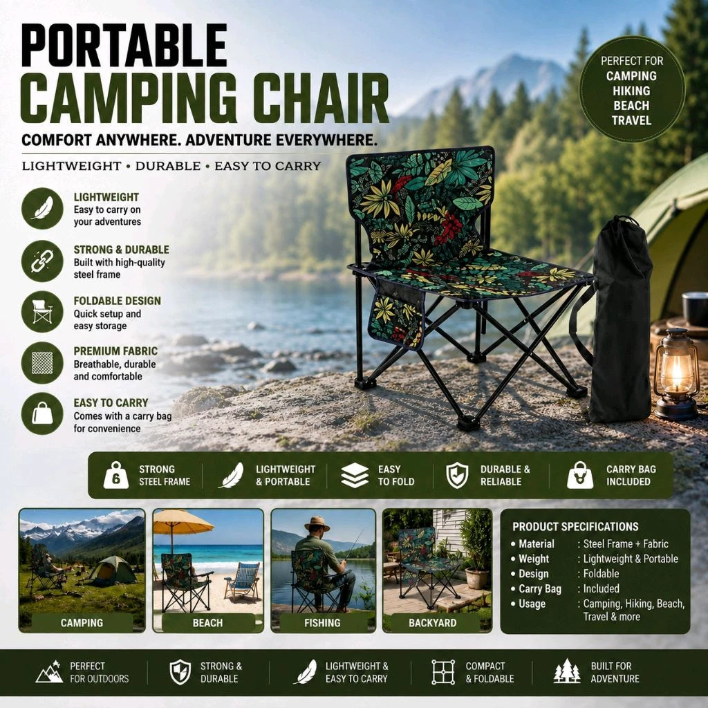 Portable Folding Camping Chair With Steel Frame & Carry Bag – Lightweight & Compact Outdoor Chair