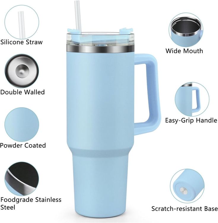 Stainless Steel Insulated Tumbler with Handle, Silicone Straw and Wide Mouth